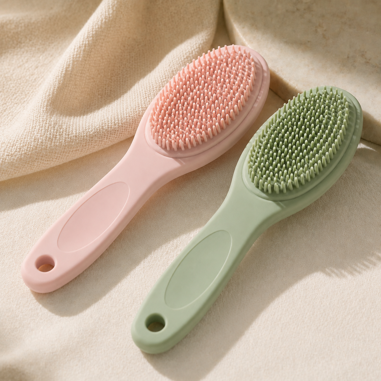 Brosses silicone 3-en-1 rose et verte en détail