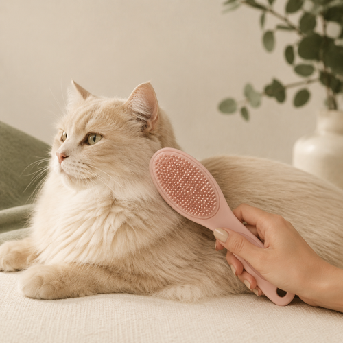 Brosse silicone rose utilisée pour toiletter un chat