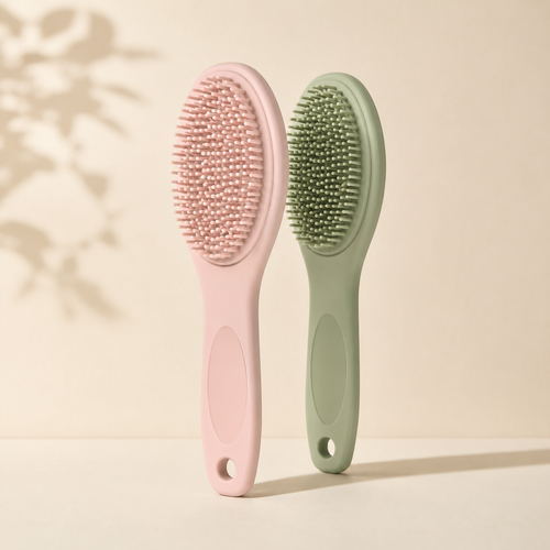 Illustration des brosses silicone 3-en-1 rose et vert
