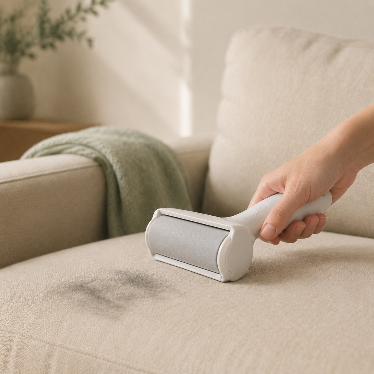 Rouleau anti-poils utilisé sur un canapé beige