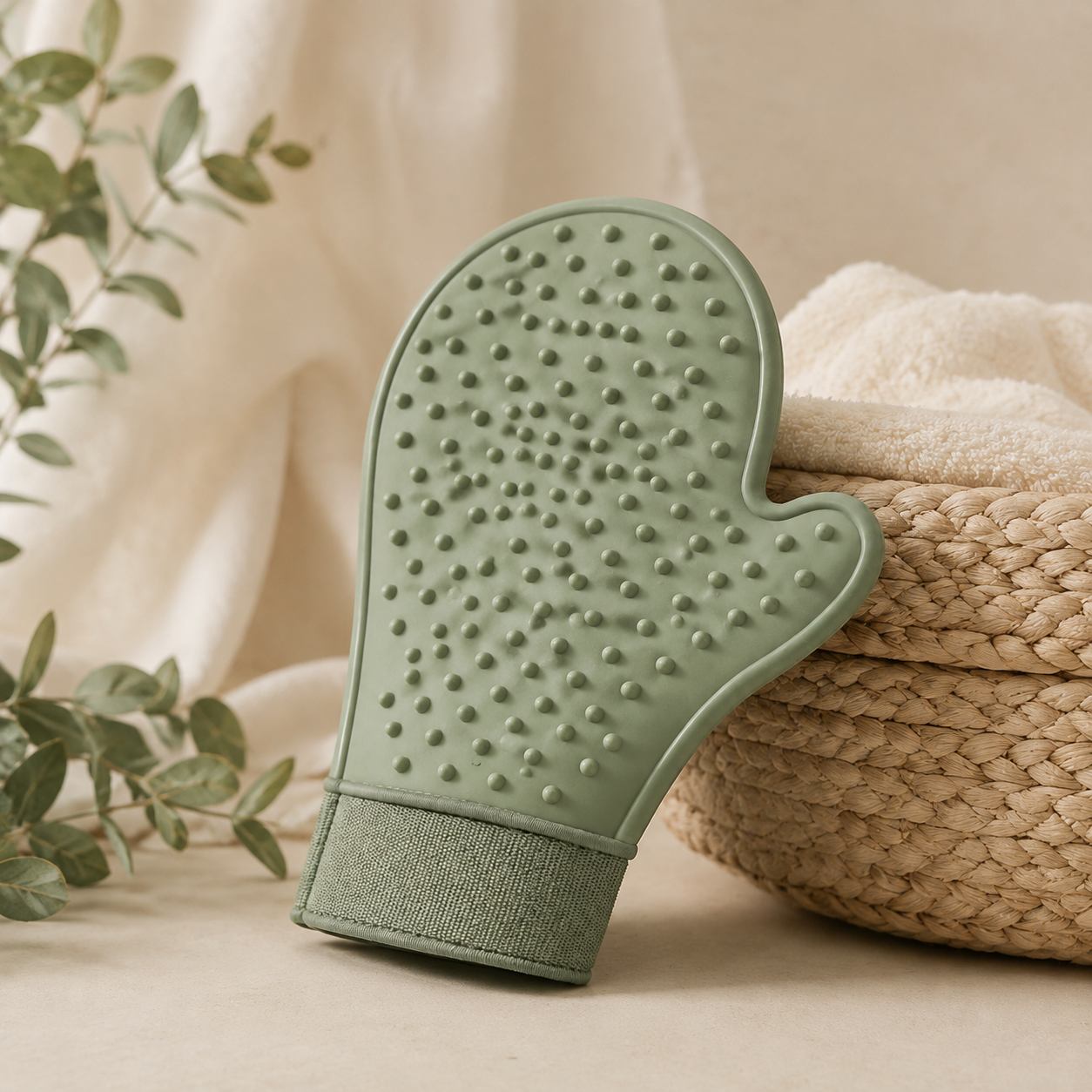 Détail du gant massage vert sauge