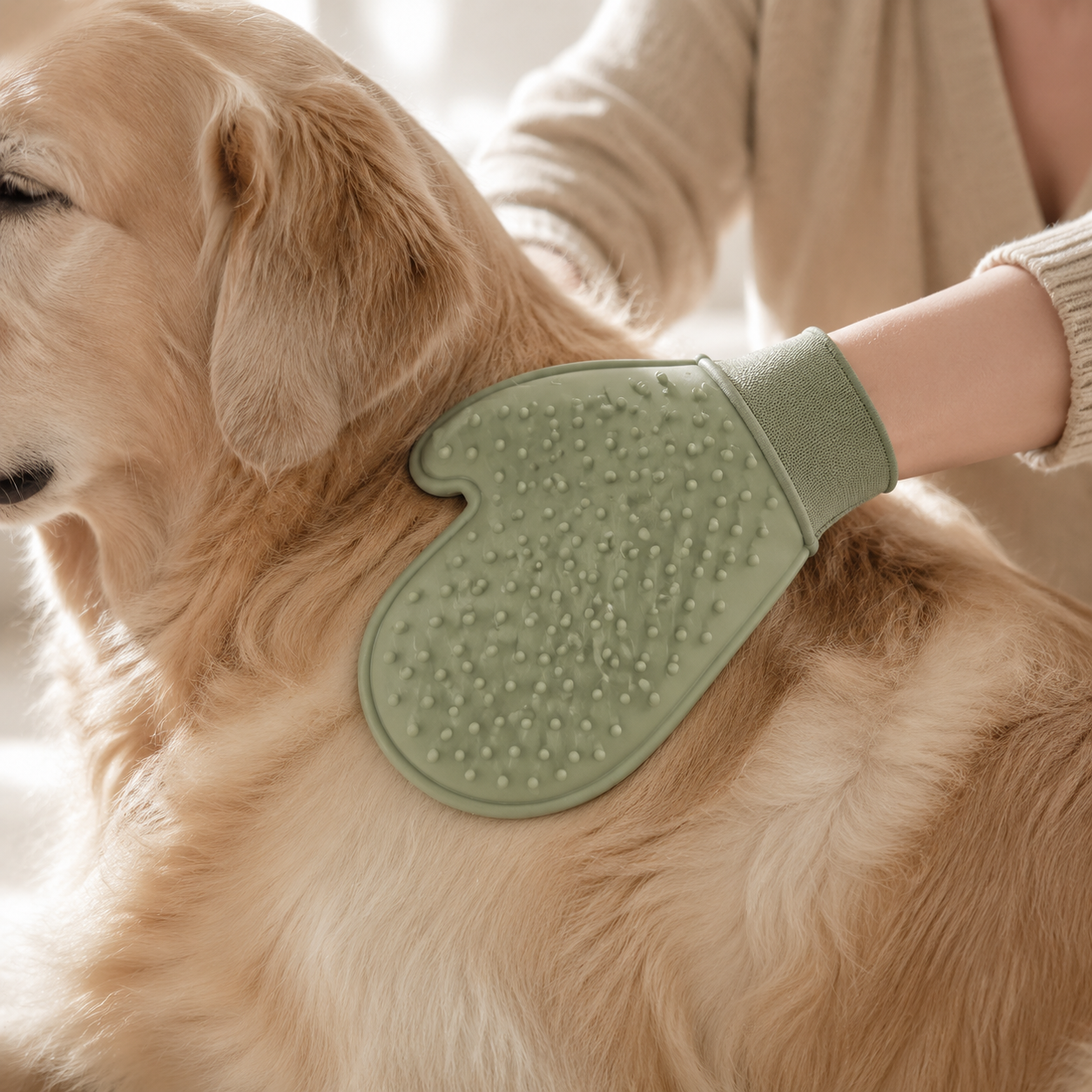 Gant massage vert utilisé pour brosser un chien