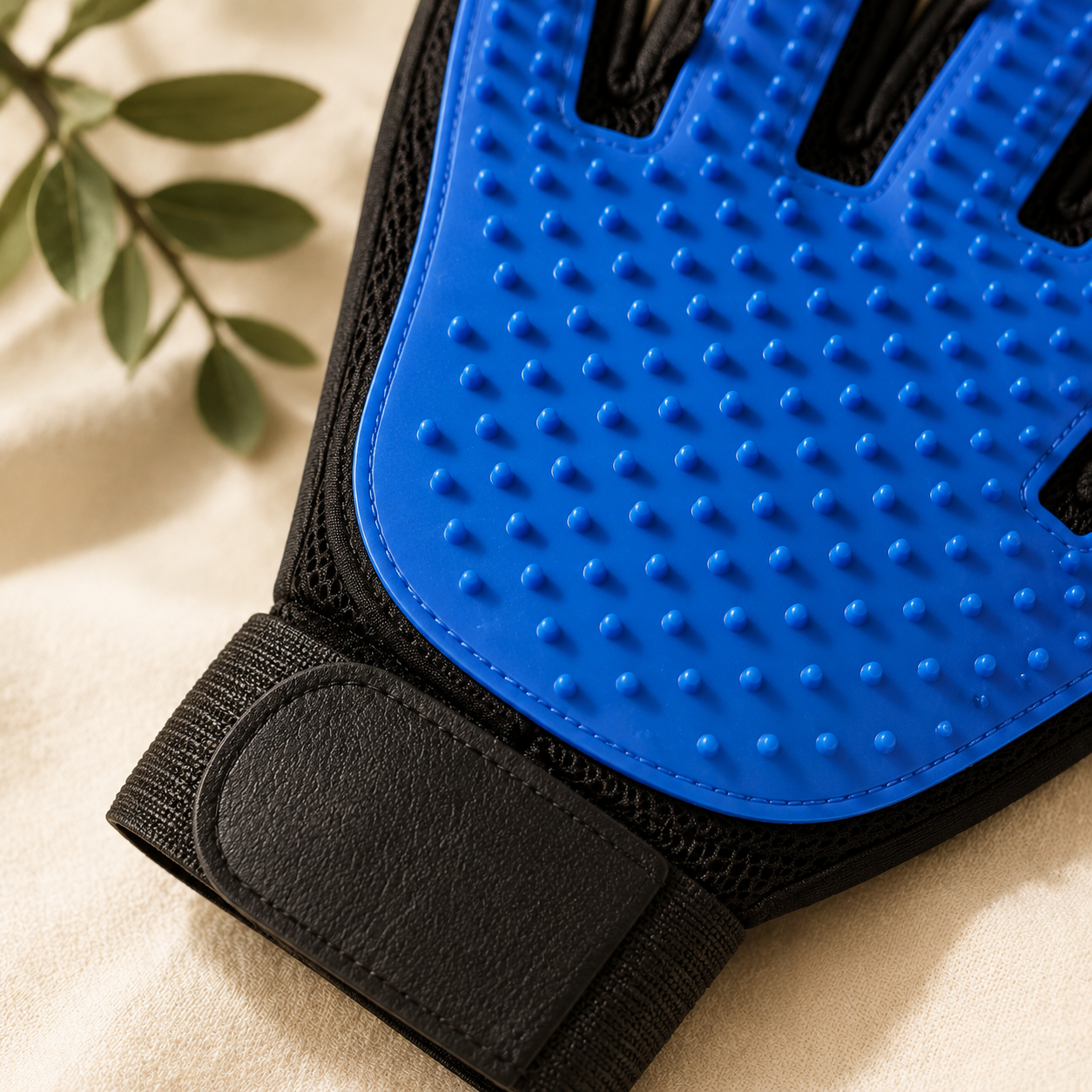 Détail des picots du gant de toilettage bleu
