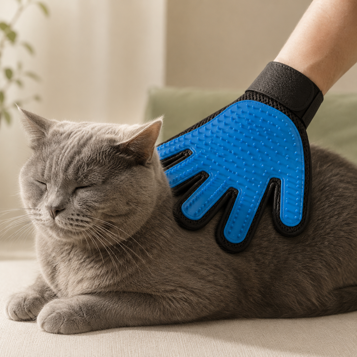 Gant silicone bleu utilisé pour brosser un chat