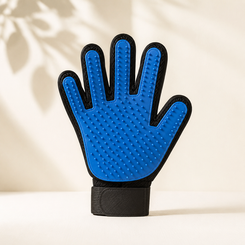 Illustration du gant de toilettage noir avec picots bleus