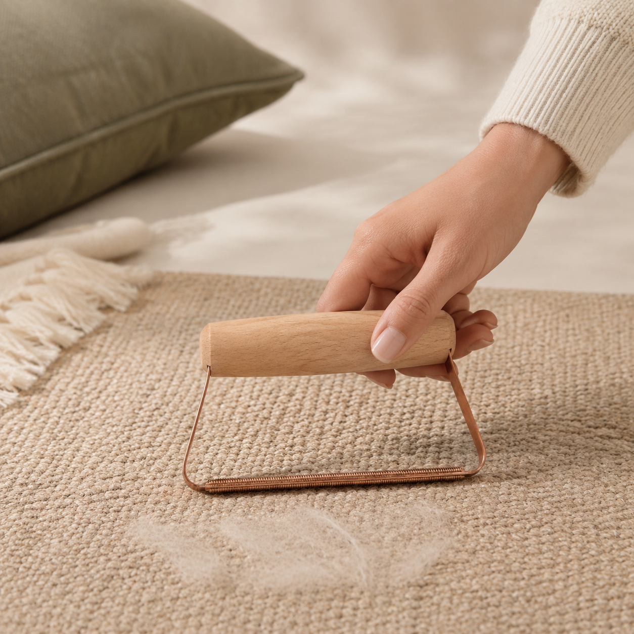 Brosse en bois utilisée pour retirer les poils d’un tapis